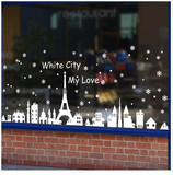 白色小镇墙贴圣诞节橱窗贴玻璃贴巴黎铁塔建筑商店咖啡厅布置超大