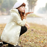 秋冬季长袖韩版纯色修身中长款毛衣外套加绒加厚开衫连帽针织衫女