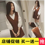 2016春夏装韩版口袋背带连衣裙V领娃娃衫两件套装女学生装潮