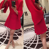 高端定制2016春季新款过年红喇叭袖修身显瘦小礼服年会连衣裙女装