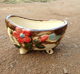 韩国手绘流油陶瓷仿木多肉浴缸形状花盆 有孔