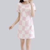 女装2016夏季新款韩版宽松A型粉色格子短袖中长款A字裙雪纺连衣裙