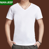 NIAN JEEP夏季新款男士短袖T恤 小V领 纯色纯棉 纯白色半袖打底衫