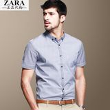 香港代购ZARA男装夏季男士短袖衬衫尖领条纹衬衣修身纯棉男式上衣