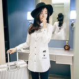 2016春装新款韩版女宽松大码白色衬衫加绒中长款衬衣包邮卡通字母