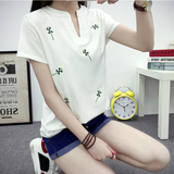 韩版大码纯棉短袖t恤女士2016夏装新款V领刺绣宽松显瘦打底衫上衣