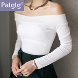 Palglg长袖针织打底衫2016秋装新款韩版修身性感一字领T恤上衣女
