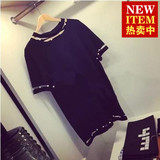 2016香港代购女装夏季气质小黑裙珍珠短袖宽松显瘦连衣裙中长款潮