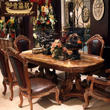 壹品居 欧式餐厅家具组合 实木雕花椭圆餐桌 天然玉石长方形餐桌