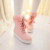 冬季新款系带加绒女短靴韩版学生可爱冬鞋子平底冬靴粉色雪地靴子