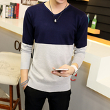 新款春季毛衣男V领套头韩版青年男士针织衫打底长袖修身拼色线衣