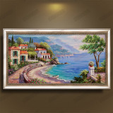 欧式地中海风景挂画纯手绘油画客厅餐厅卧室沙发美式有框装饰画