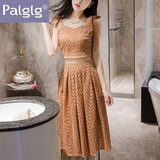Palglg连衣裙女夏2016新款性感镂空蝴蝶结系带中长款两件套套装裙