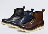 日本订单三接头头层厚牛皮手工工作靴 真皮沿条固特异工艺马丁靴