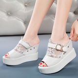 盾狐2016夏季新款时尚厚底松糕白色拖鞋韩版坡跟高跟女鞋凉拖夏天
