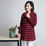2015韩版中长款秋冬款修身夹棉加厚毛呢大衣外套女黑红格子羊毛呢