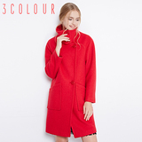 三彩2015新款冬装 简约大红色直筒欧美毛呢大衣外套D544182D00女