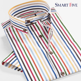 SmartFive 夏季彩色条纹衬衣男短袖时尚休闲衬衫纯棉免烫扣领男装
