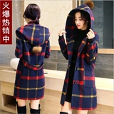 毛呢外套女2016春装新款韩版羊毛修身格子学生带帽中长款呢子大衣