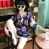 2016夏季新款女装潮V领系带京剧脸谱高腰短袖娃娃衫显瘦短袖衬衫