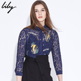 Lily2016夏新款女装商务OL通勤七分袖蕾丝镂空衬衫116210C4518