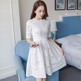 女装夏装2016新款潮 韩版高腰半袖白色镂空拼接蕾丝连衣裙 中长款