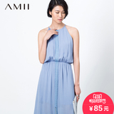 初上市价249元#Amii[极简主义]夏挂脖领花边开叉长款大码连衣裙