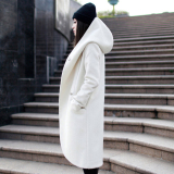 欧美夹棉加厚白色夹棉大衣15秋冬新款女装连帽超长款羊毛呢子外套