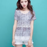 2016夏季新款韩版修身显瘦短袖打底衫中长款蕾丝花边上衣小衫女潮