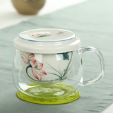 玻璃茶杯子青花瓷手绘带盖内胆泡茶杯普洱红茶办公简易冲茶荷花莲