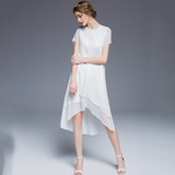 正品欧洲站夏季新款时尚短袖拼接连衣裙中长款女神纯色雪纺白纱裙