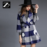 ZK女装2016冬装新款西装领卡通毛呢外套七分袖格子呢子大衣中长款