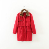 韩国童装女童冬装新款大红色毛呢大衣韩版中大童豹纹毛领长款外套