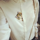 欧时力2016春秋新款打底白衬衫女长袖 方领猫咪刺绣棉衬衣上衣女