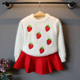 儿童毛衣2016春季新款宝宝加厚马海毛女童草莓毛衣+针织线裙套装