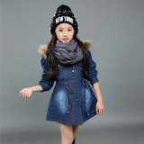 童装女2015新款韩版冬季时尚毛领中长款加厚纯色儿童牛仔外套