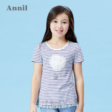商场同款 安奈儿童装女童短袖t恤夏装圆领条纹针织衫AG521439