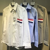 代购 thom browne 韩版衬衫休闲白色衬衣口袋织带修身时尚上衣