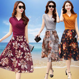 韩版衣服30-35-40岁中年少妇女装妈妈装假两件套装连衣裙夏裙子