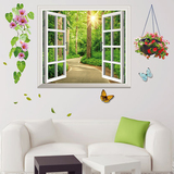 仿真假窗户玄关客厅绿色植物风景花盆蝴蝶森林床头墙贴可移除贴纸