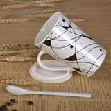 简约新骨瓷喝水杯子创意陶瓷马克杯带盖勺咖啡杯情侣杯早餐牛奶杯