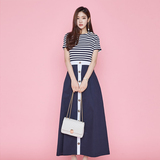2016新款春装韩版针织条纹连衣裙修身两件长裙套装短裙 女