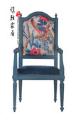 法式新古典实木单人椅沙发椅扶手椅休闲复古仿古做旧蓝色田园书椅