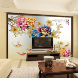 无缝大型壁画客厅沙发电视背景壁画立体3D平安富贵牡丹九鱼图