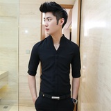 夏季韩版休闲男士黑色立领五分袖衬衫男生时尚潮流修身型短袖衬衣