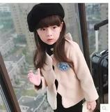 2015秋冬新款韩版童装优雅系女童呢料外套带胸花呢子儿童外套上衣