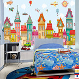 3d立体儿童房壁纸 环保卡通背景墙墙纸大型壁画 彩色城堡