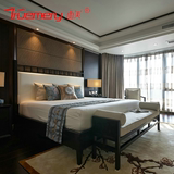 新中式双人床酒店宾馆水曲柳布艺床 现代实木婚床样板房工程家具