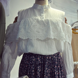 2016夏季韩版新品韩范露肩长袖衬衣女学生宽松甜美立领花边白衬衫
