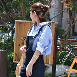 OZ韩国代购女装正品2016夏装新款个性洋气落肩翻领条纹五分袖衬衫